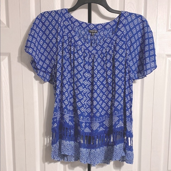 Hannah Tops - CUTE Hannah lightweight blue v-neck gauze lace detail smock top shirt blouse PXL